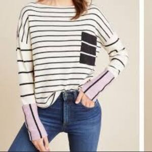 ANTHROPOLOGIE Faye Striped Sweater Pocket Pullover, X Small, Cream Purple Black